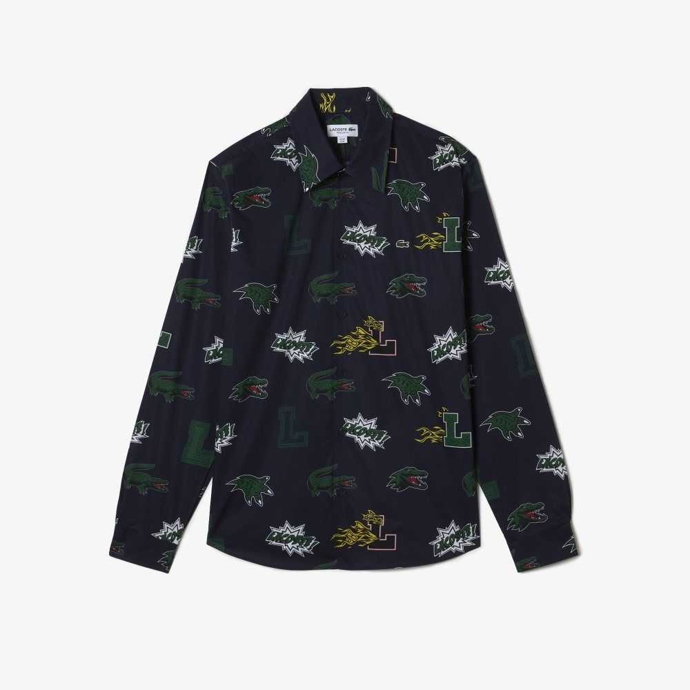 Lacoste Regular Fit Crocodile Print Shirt Navy Blue / White | COP-401853