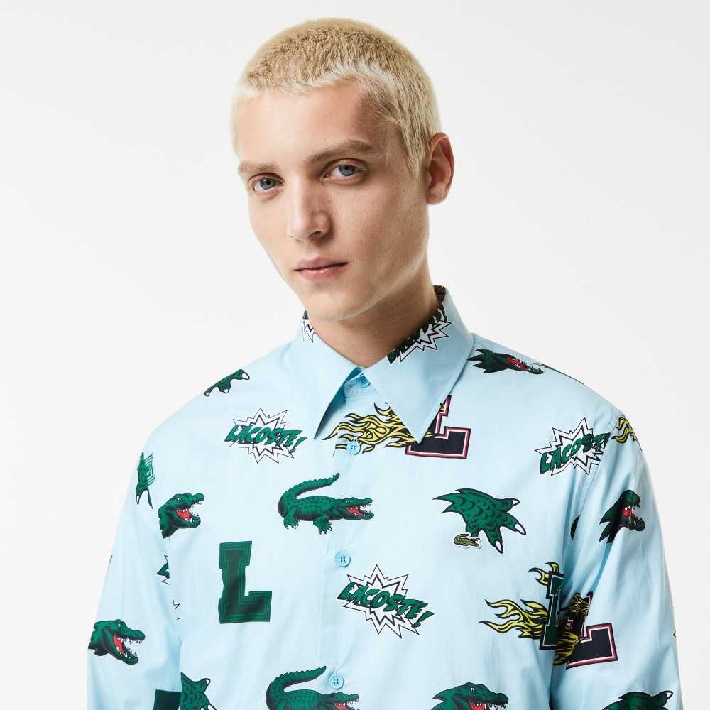 Lacoste Regular Fit Crocodile Print Shirt Blue / White | FOG-493612