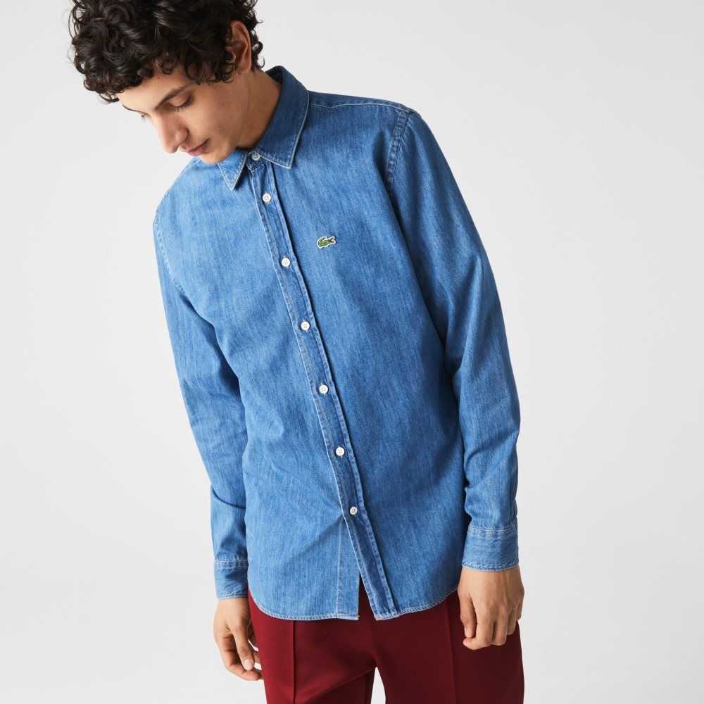 Lacoste Regular Fit Lightweight Organic Cotton Denim Shirt Blue | YVC-846123