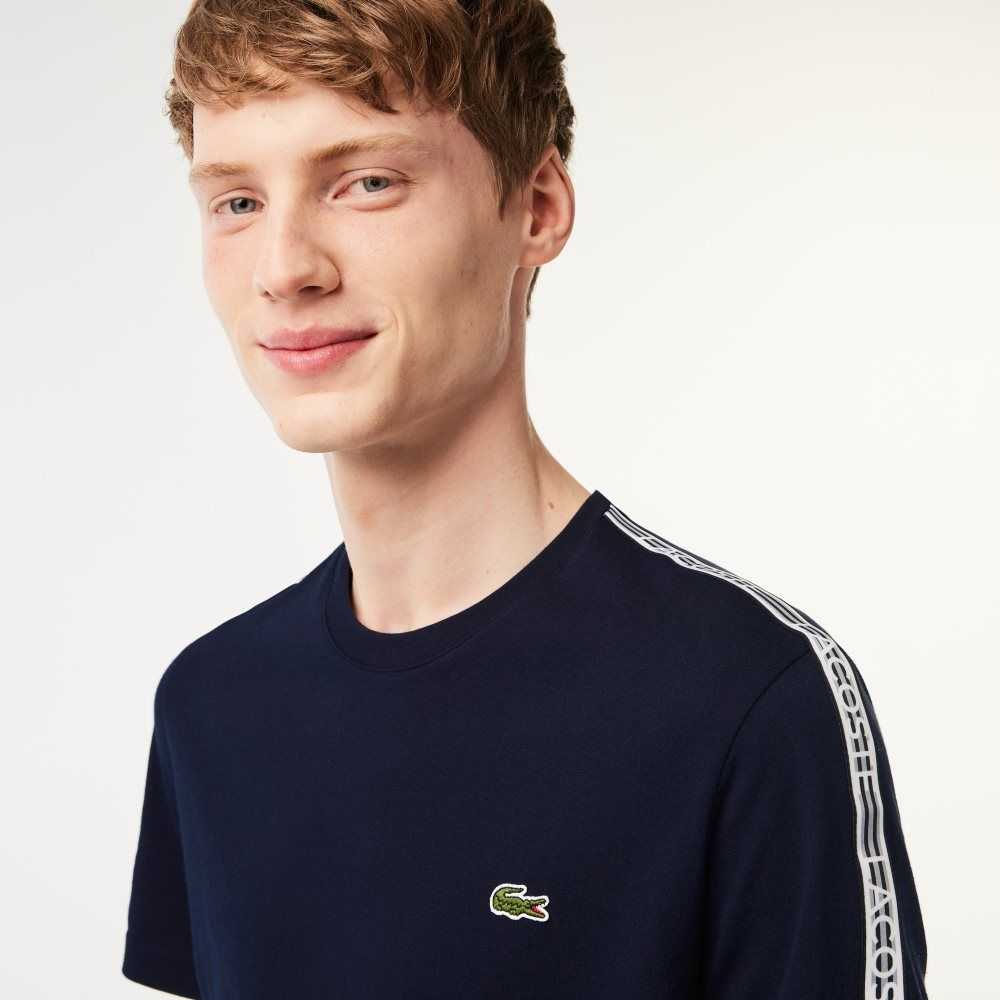 Lacoste Regular Fit Logo Stripe T-Shirt Navy Blue | BPC-384276