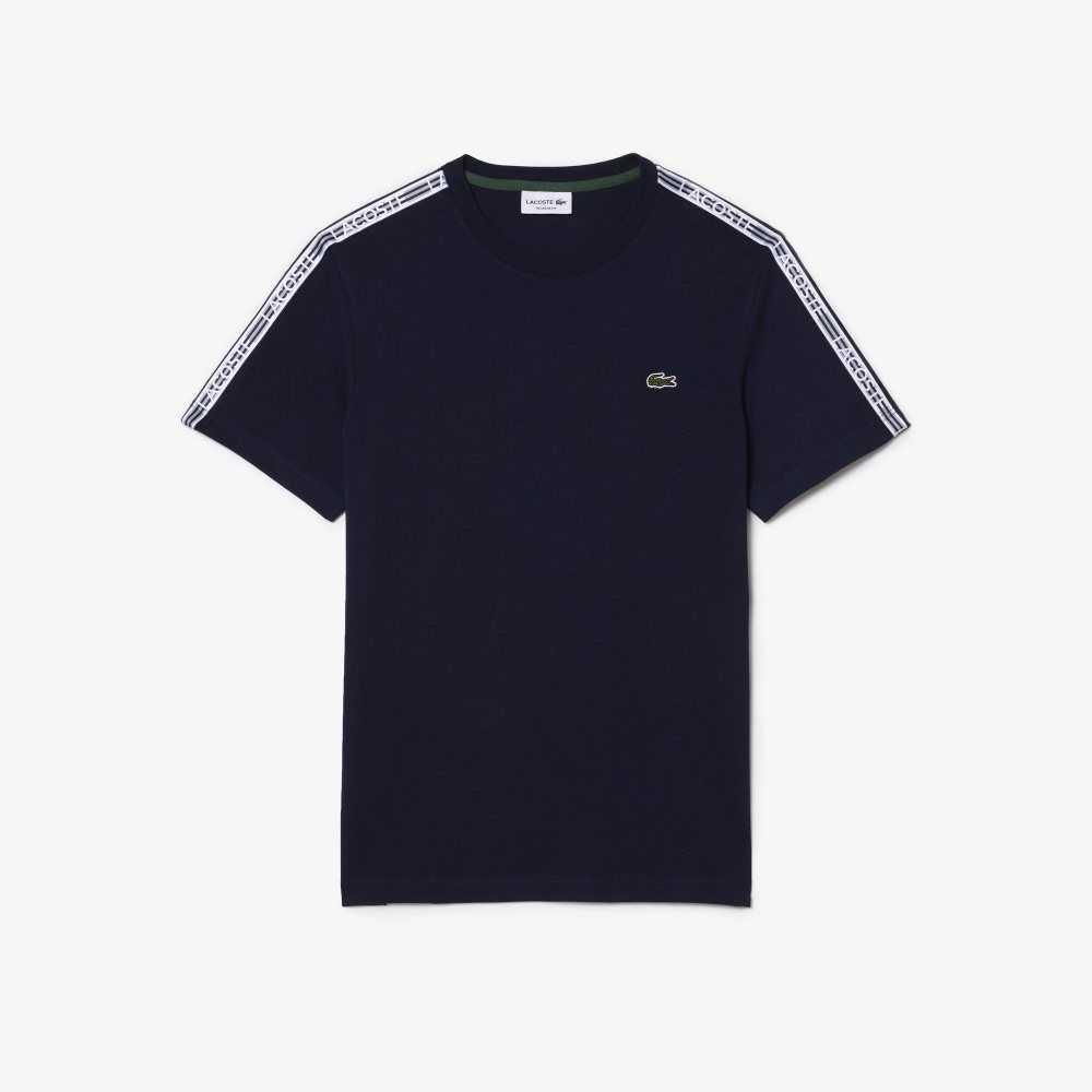 Lacoste Regular Fit Logo Stripe T-Shirt Navy Blue | BPC-384276