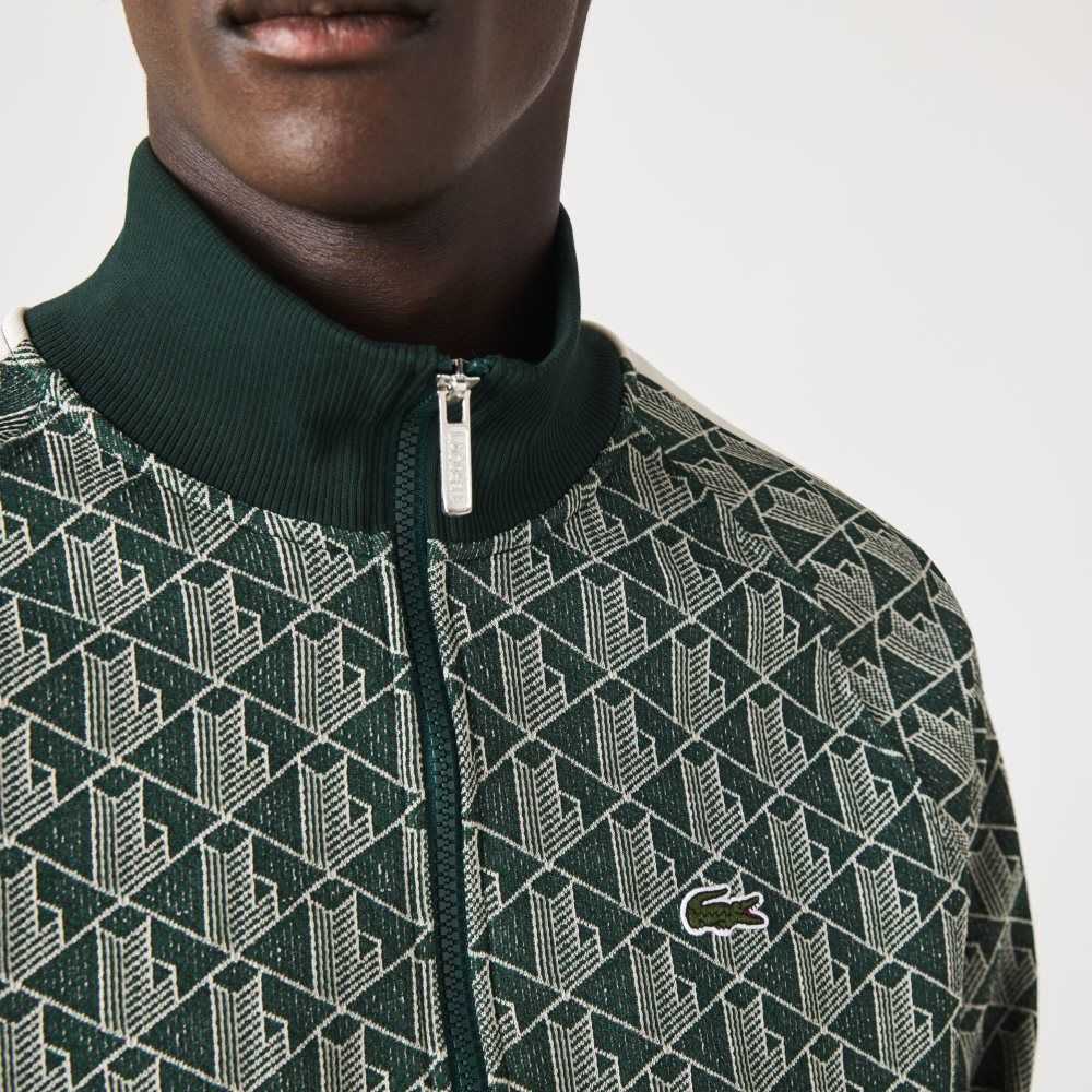 Lacoste Regular Fit Monogram Print Zip Sweatshirt Green / Beige | AWY-982645