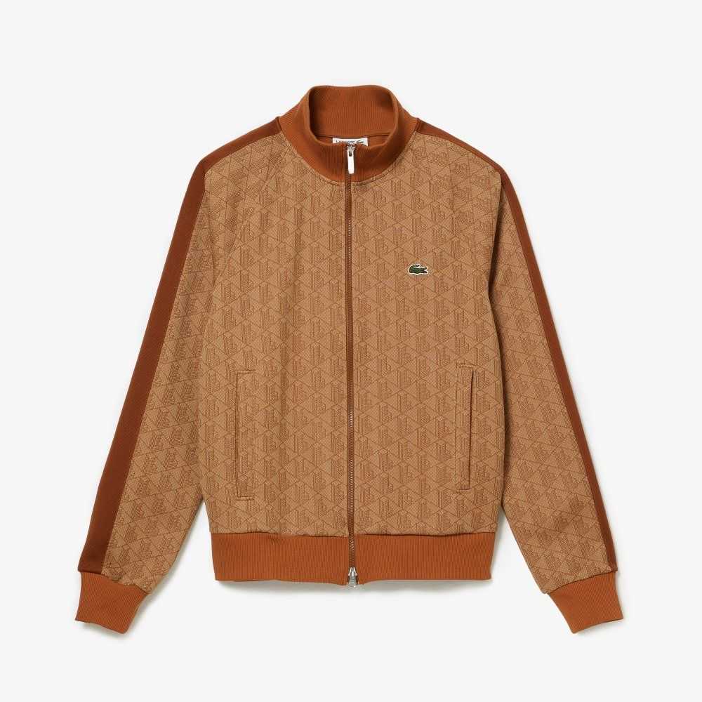 Lacoste Regular Fit Monogram Print Zip Sweatshirt Beige / Brown | MZR-803647