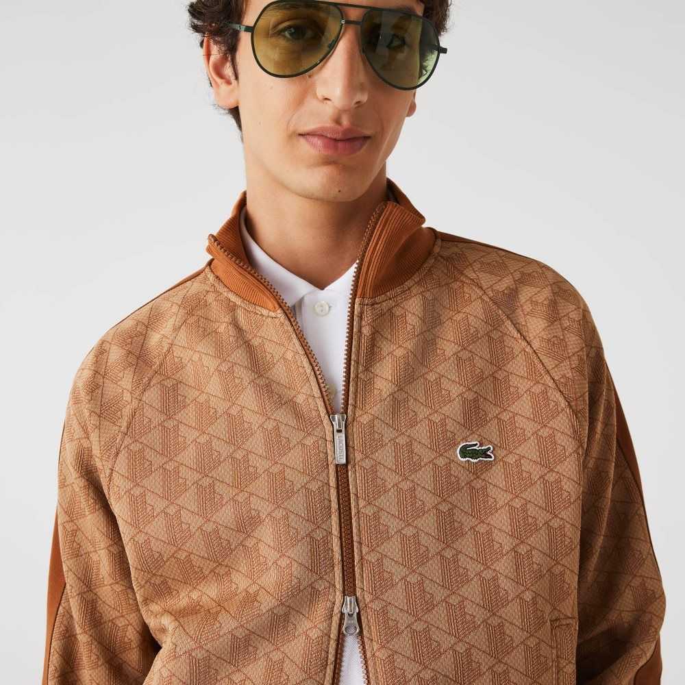 Lacoste Regular Fit Monogram Print Zip Sweatshirt Beige / Brown | MZR-803647