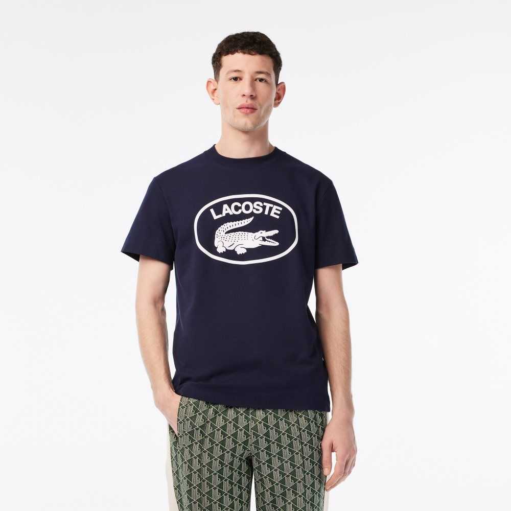 Lacoste Relaxed Fit Branded Cotton T-Shirt Navy Blue / White | GLU-034582