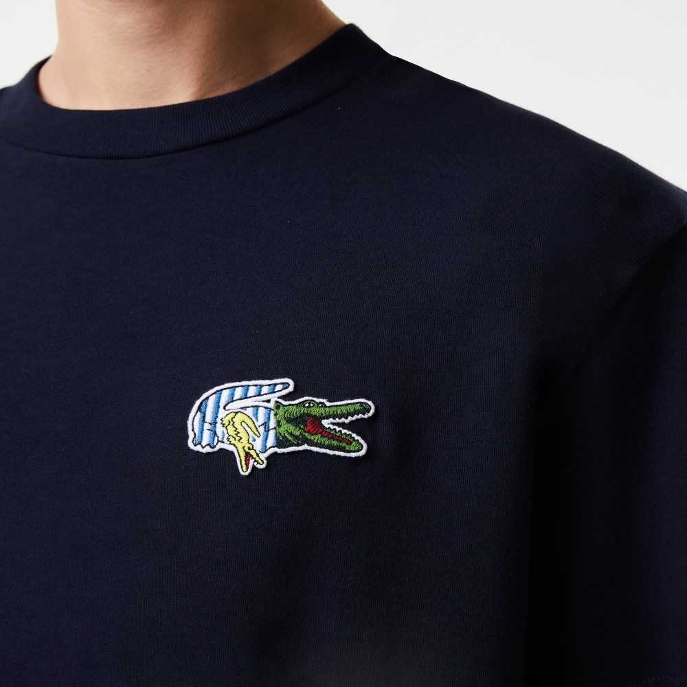 Lacoste Relaxed Fit Comic Effect Badge T-Shirt Navy Blue | PTK-602519