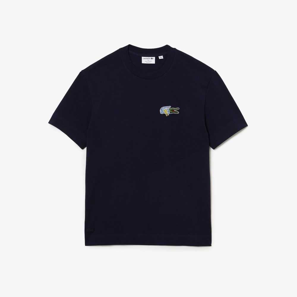 Lacoste Relaxed Fit Comic Effect Badge T-Shirt Navy Blue | PTK-602519