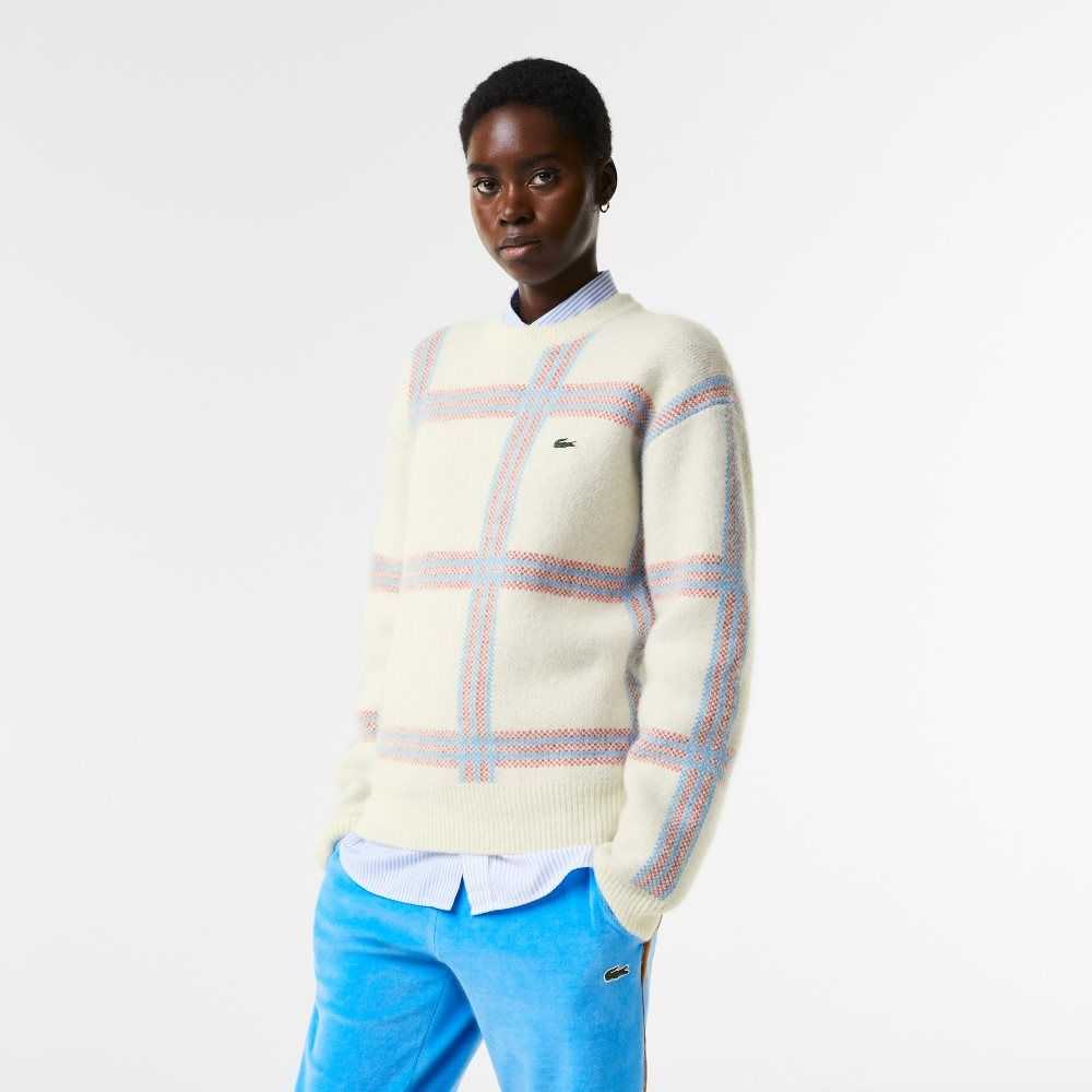 Lacoste Relaxed Fit Tartan Pattern Wool Blend Sweater White / Red / Blue | JYP-930275