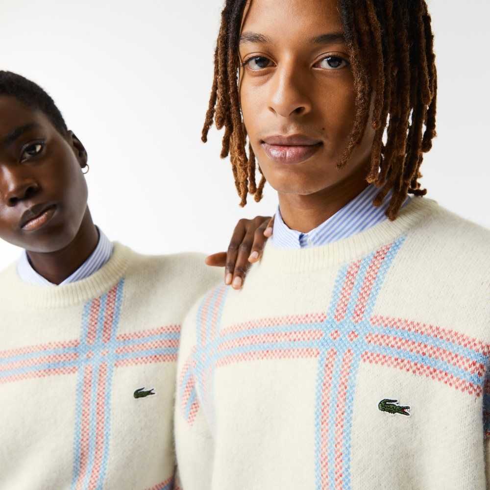 Lacoste Relaxed Fit Tartan Pattern Wool Blend Sweater White / Red / Blue | JYP-930275