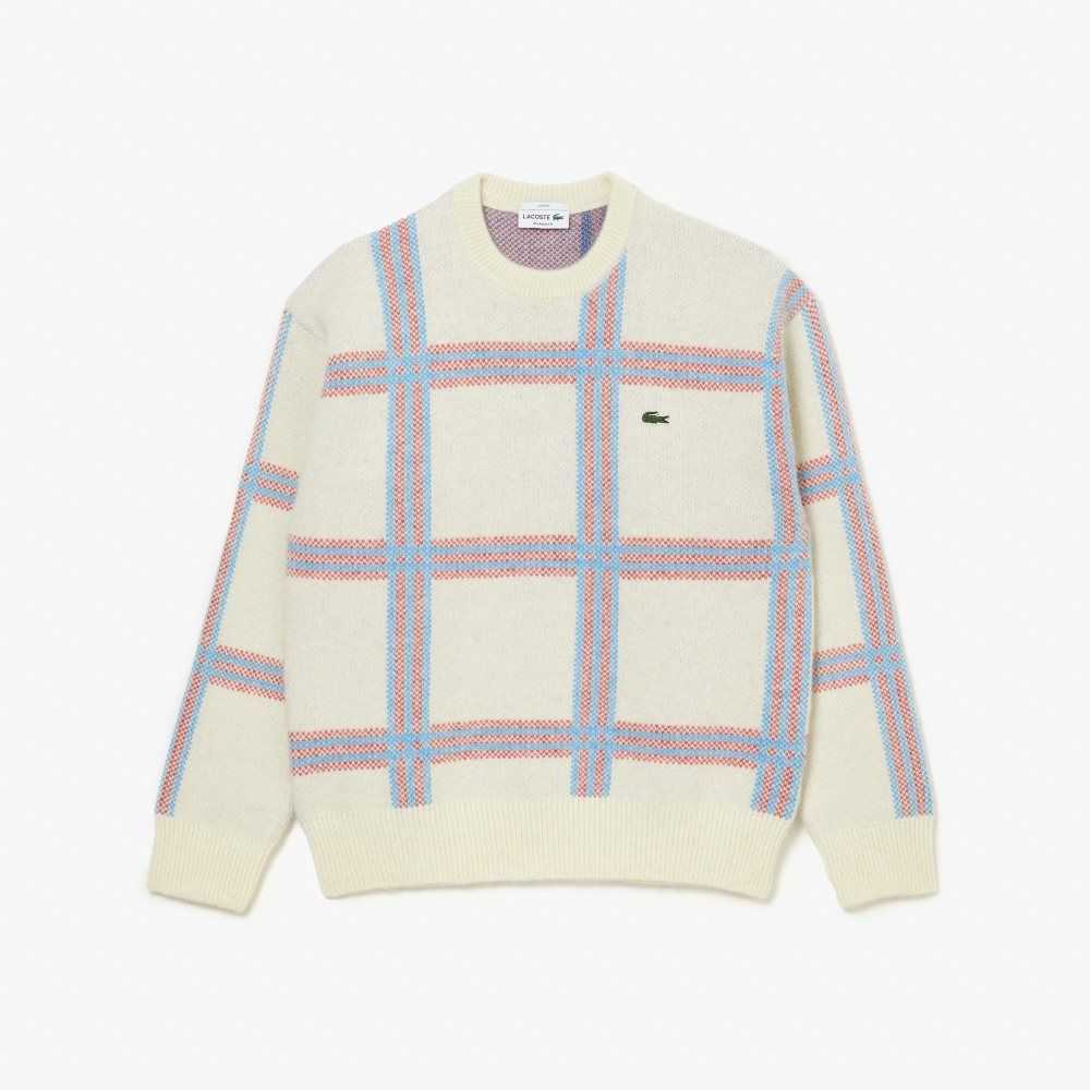 Lacoste Relaxed Fit Tartan Pattern Wool Blend Sweater White / Red / Blue | JYP-930275