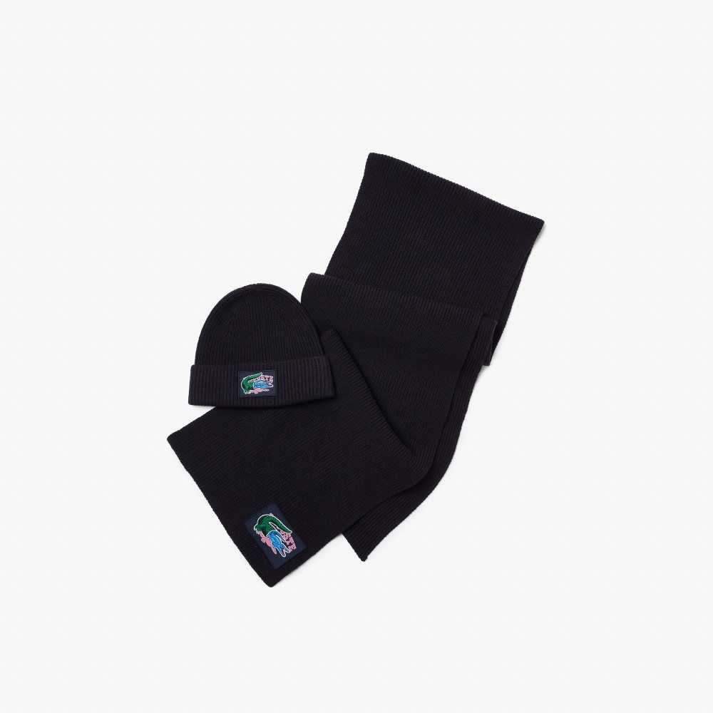 Lacoste Ribbed Wool Beanie And Scarf Gift Set Navy Blue | BOJ-486273