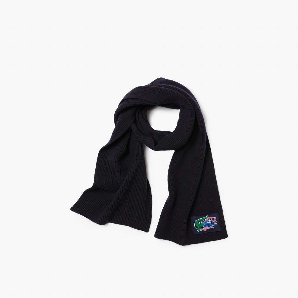 Lacoste Ribbed Wool Beanie And Scarf Gift Set Navy Blue | BOJ-486273