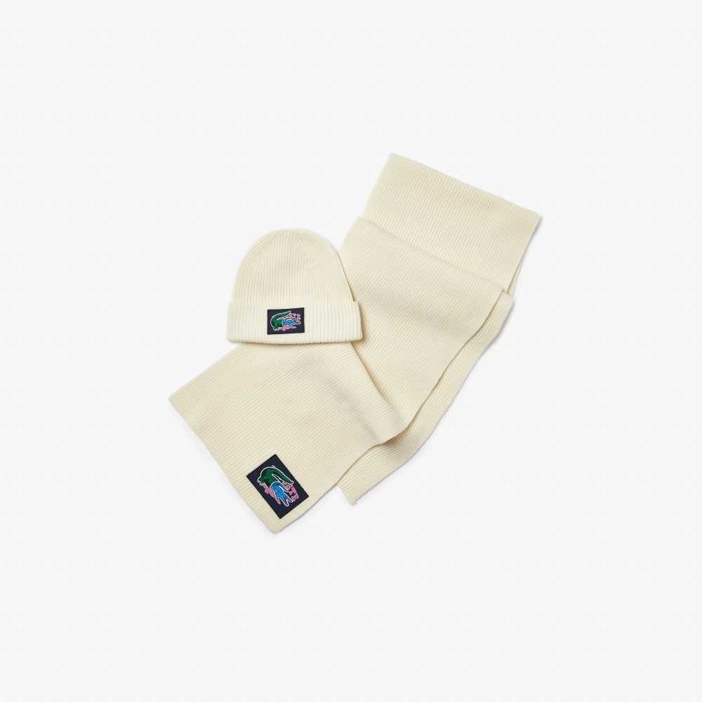 Lacoste Ribbed Wool Beanie And Scarf Gift Set White | EQN-945372