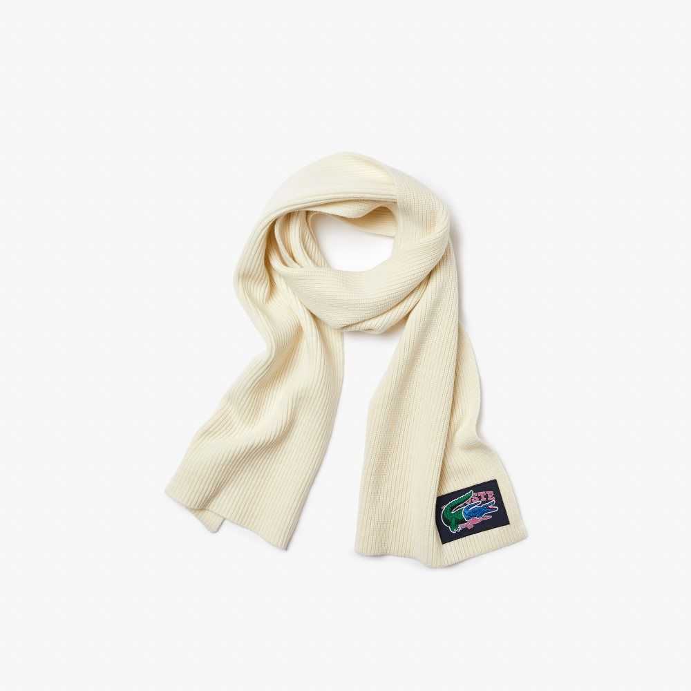 Lacoste Ribbed Wool Beanie And Scarf Gift Set White | EQN-945372