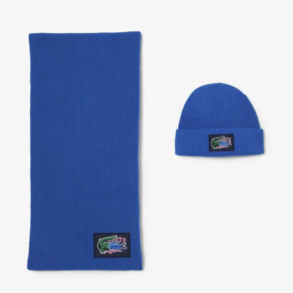 Lacoste Ribbed Wool Beanie And Scarf Gift Set Blue | TMF-283715