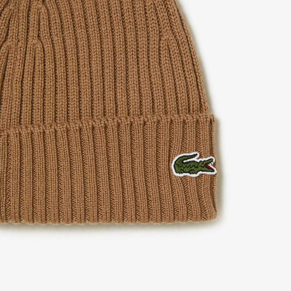 Lacoste Ribbed Wool Beanie Brown | SWO-470981