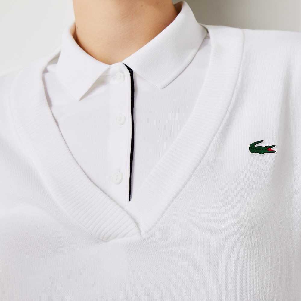 Lacoste SPORT Breathable V-Neck Cotton Golf Sweater White | VIG-638012