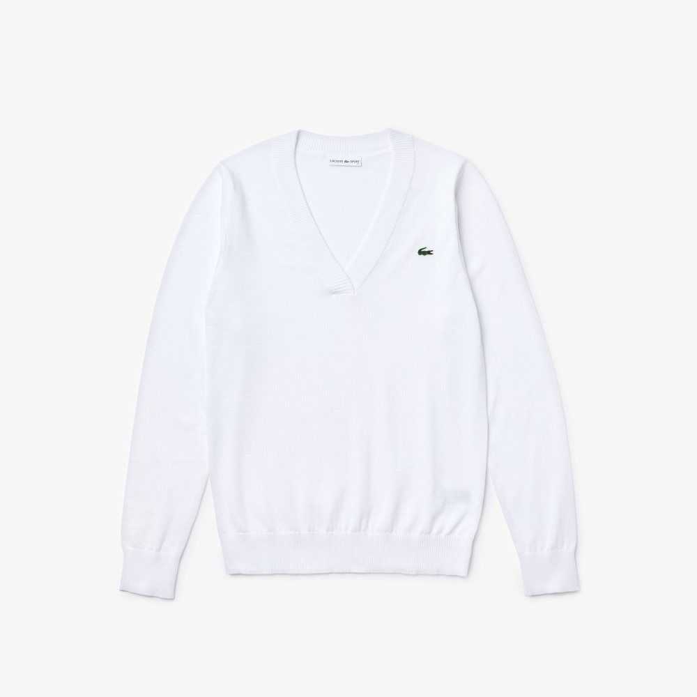 Lacoste SPORT Breathable V-Neck Cotton Golf Sweater White | VIG-638012