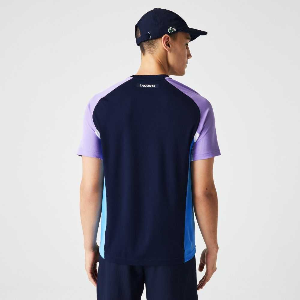 Lacoste SPORT Color-Block Ultra-Dry Pique Tennis T-Shirt Navy Blue / Purple / White / Blue | REO-023918