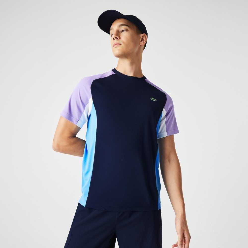 Lacoste SPORT Color-Block Ultra-Dry Pique Tennis T-Shirt Navy Blue / Purple / White / Blue | REO-023918