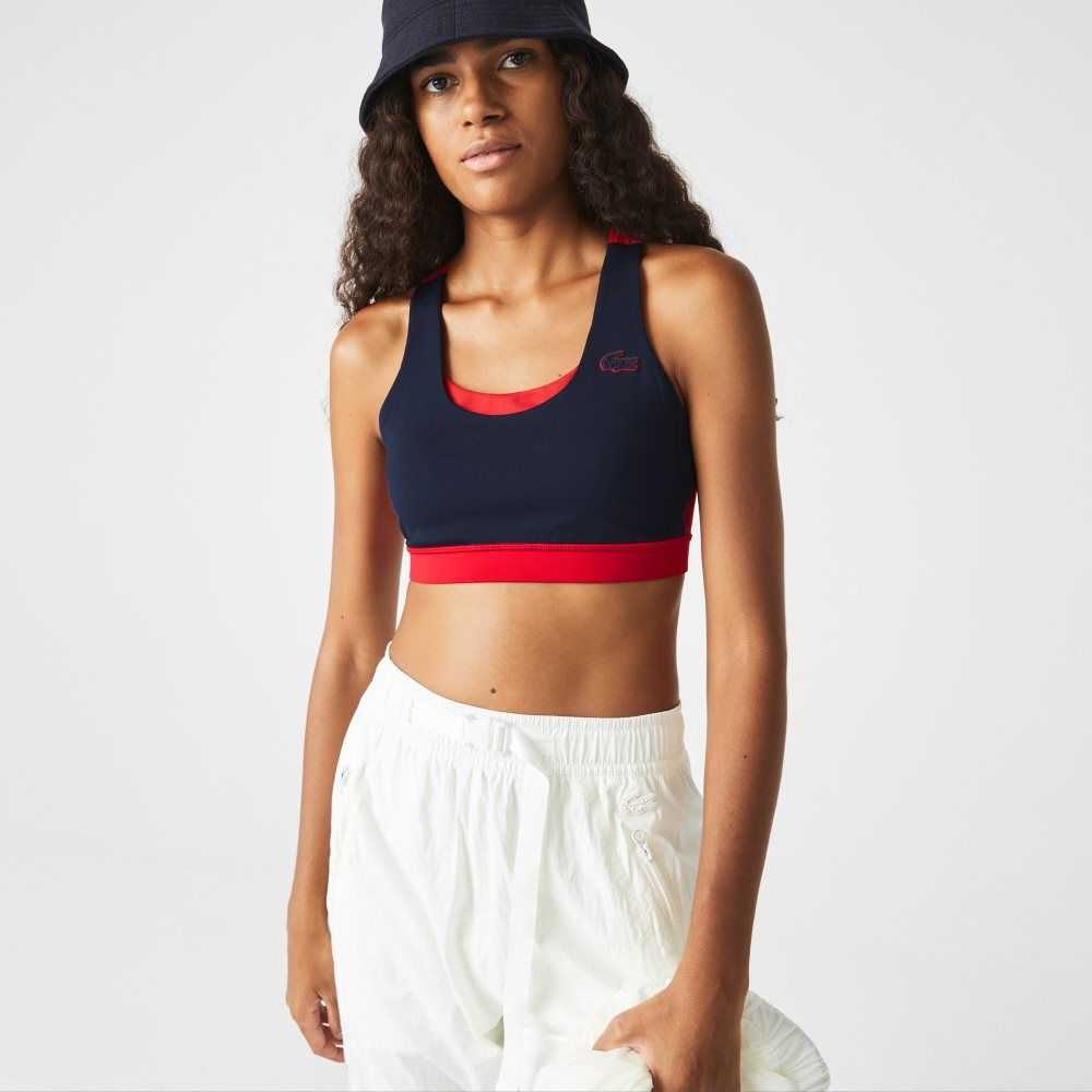 Lacoste SPORT Colorblock Recycled Polyester Sports Bra Navy Blue / Red / Green | YSQ-581327