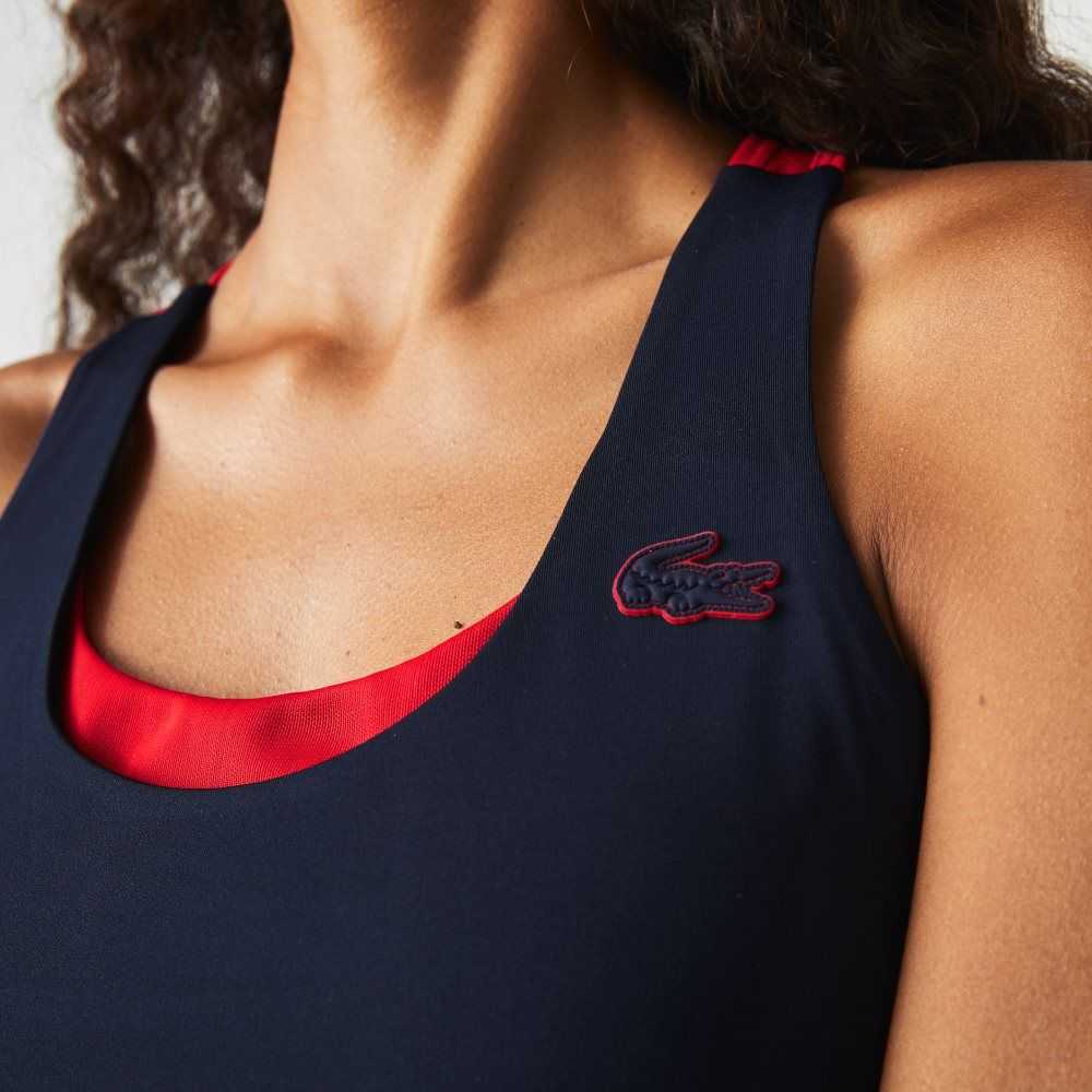 Lacoste SPORT Colorblock Recycled Polyester Sports Bra Navy Blue / Red / Green | YSQ-581327