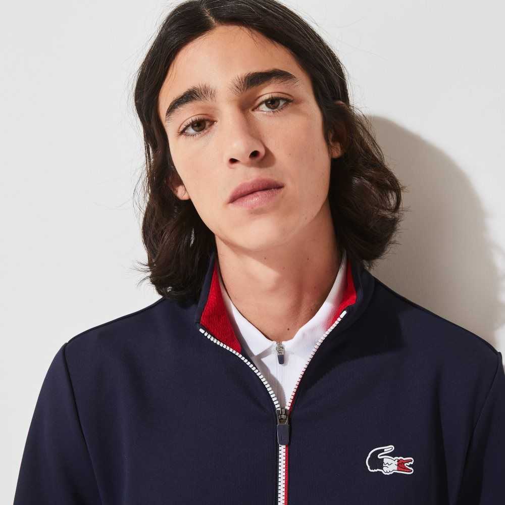 Lacoste SPORT French Sporting Spirit Edition Bi-Material Zippered Jacket Navy Blue / White / Red | SVW-458372