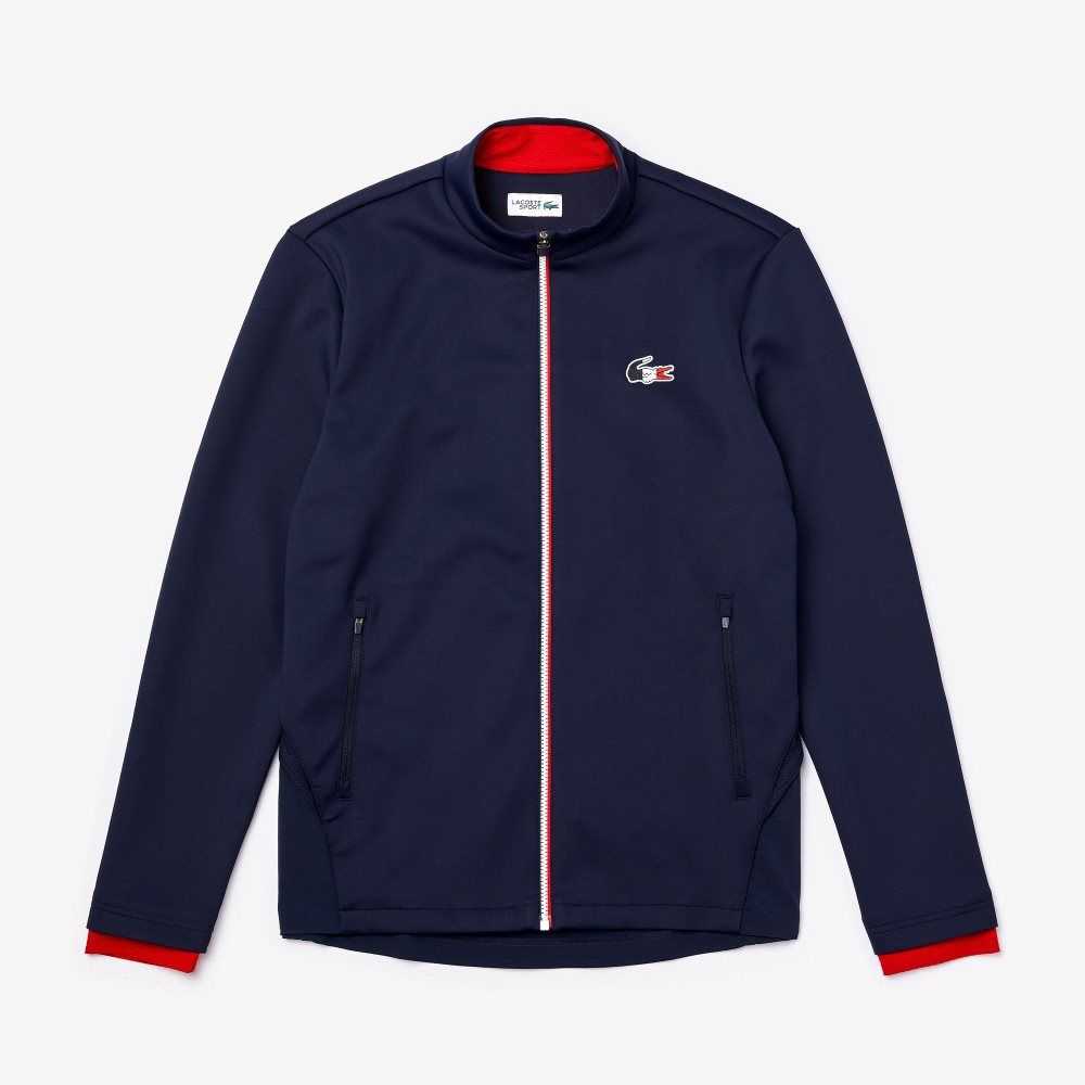 Lacoste SPORT French Sporting Spirit Edition Bi-Material Zippered Jacket Navy Blue / White / Red | SVW-458372