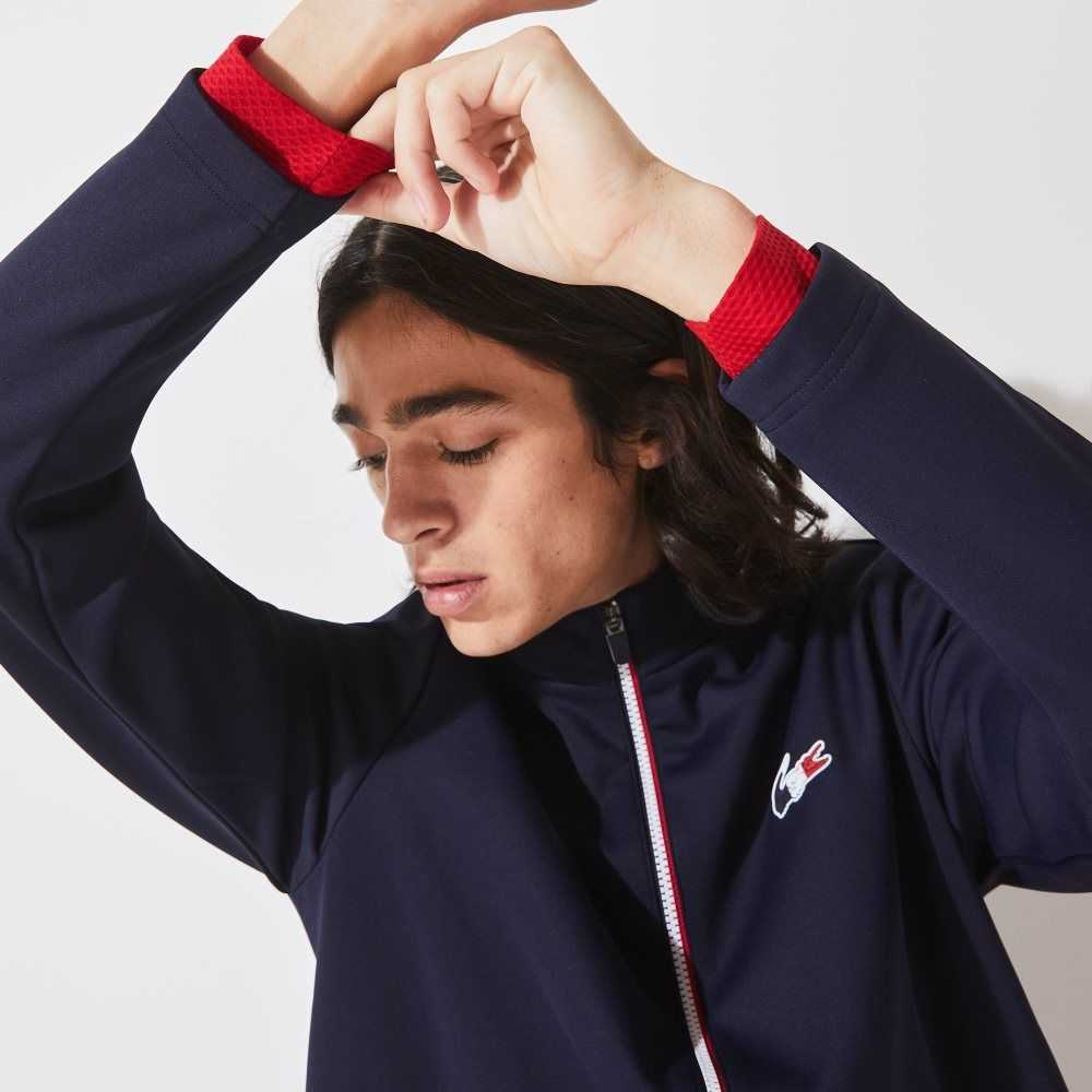 Lacoste SPORT French Sporting Spirit Edition Bi-Material Zippered Jacket Navy Blue / White / Red | SVW-458372