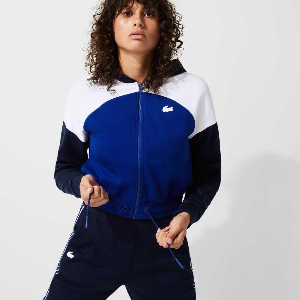 Lacoste SPORT Hooded Organic Cotton Zip Sweatshirt Navy Blue / White / Blue | CFK-381649