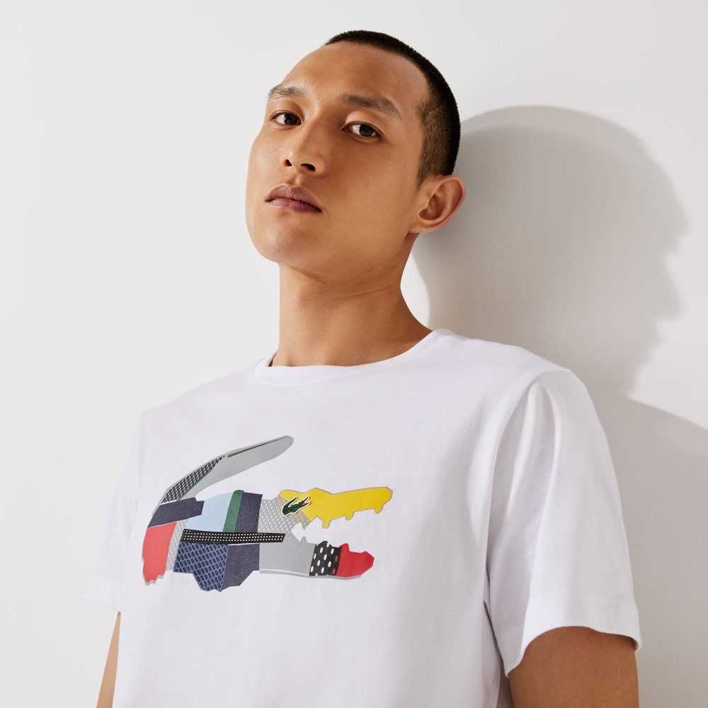 Lacoste SPORT Patchwork Crocodile Print Cotton T-Shirt White | DME-135092