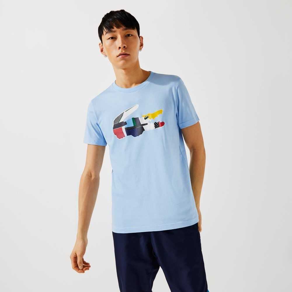 Lacoste SPORT Patchwork Crocodile Print Cotton T-Shirt Blue | DRK-714350