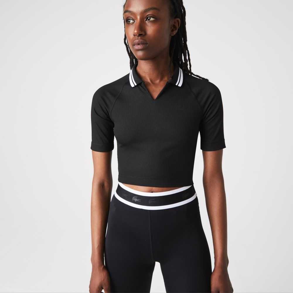 Lacoste SPORT Ribbed Short And Stretch Polo Black | IYP-574029