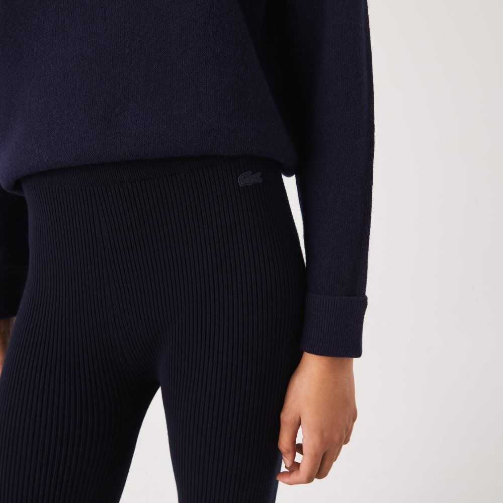 Lacoste Seamless Ribbed Knit Leggings Navy Blue | ETS-763289