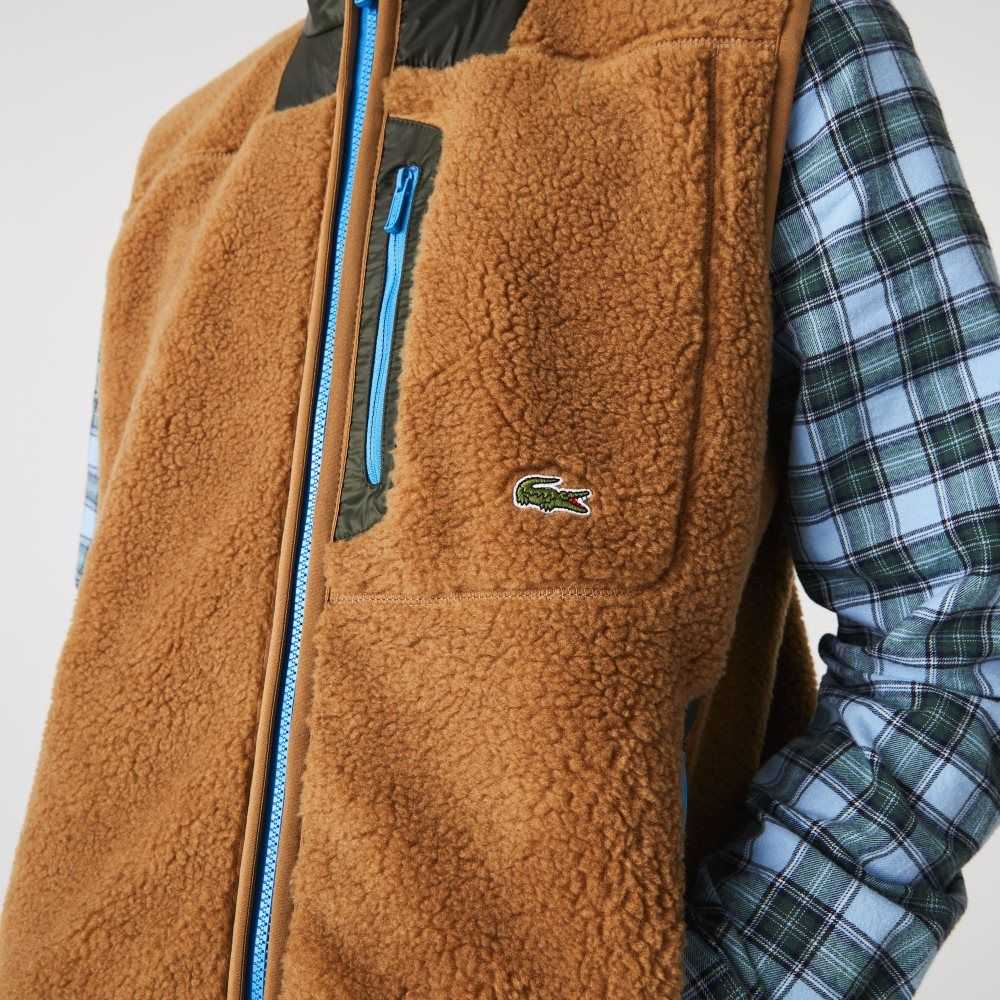 Lacoste Sherpa Fleece Vest Brown / Khaki Green | KAC-721836