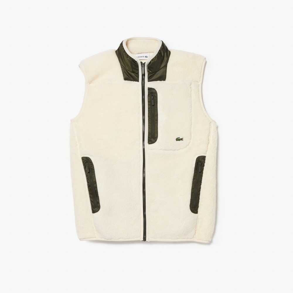 Lacoste Sherpa Fleece Vest White / Khaki Green | OGY-139502