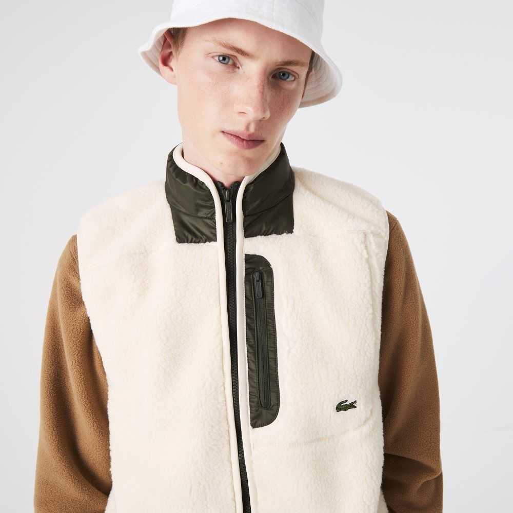 Lacoste Sherpa Fleece Vest White / Khaki Green | OGY-139502