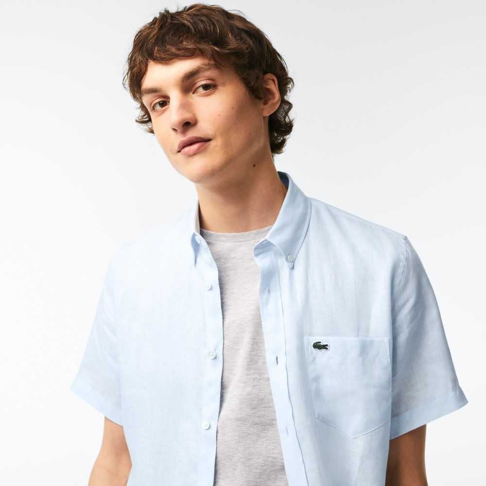 Lacoste Short Sleeve Linen Shirt Light Blue | JPD-759218