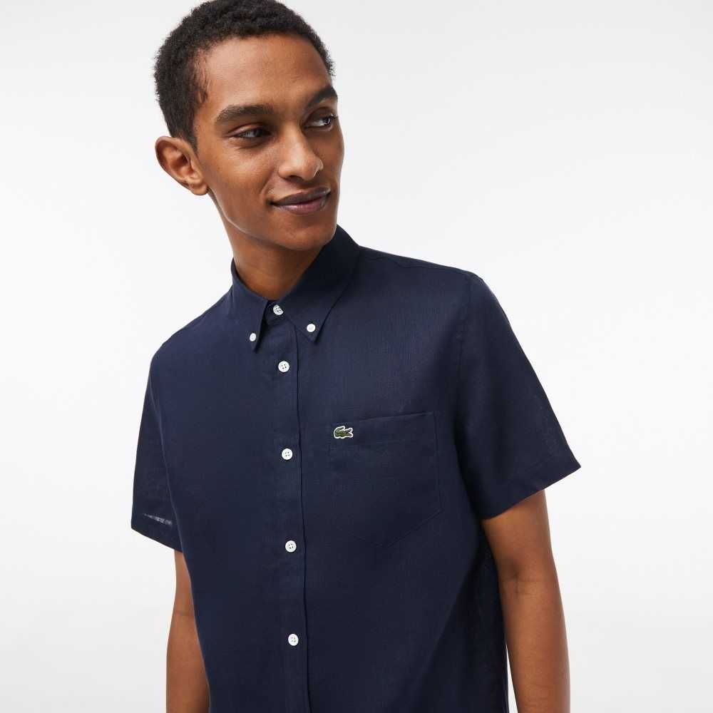 Lacoste Short Sleeve Linen Shirt Navy Blue | TJI-624953