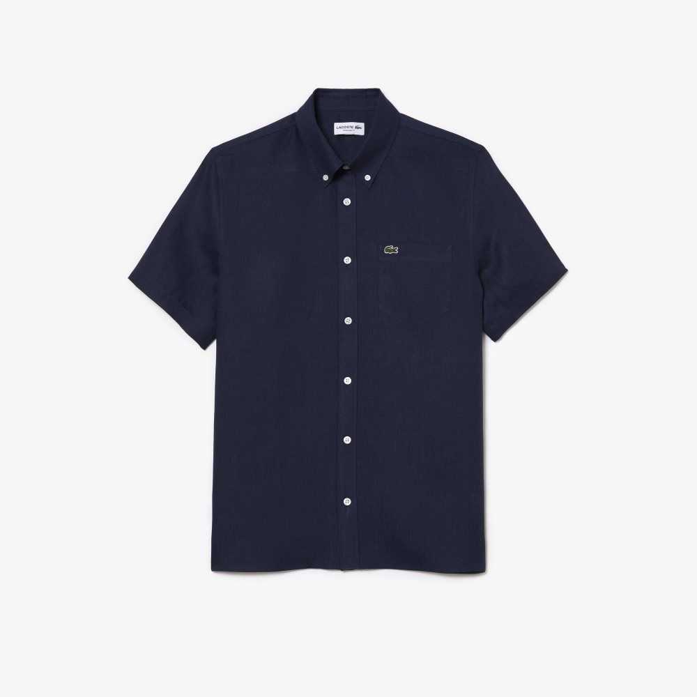 Lacoste Short Sleeve Linen Shirt Navy Blue | TJI-624953