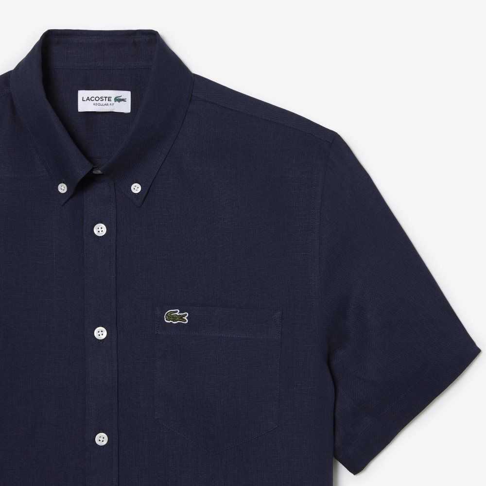 Lacoste Short Sleeve Linen Shirt Navy Blue | TJI-624953