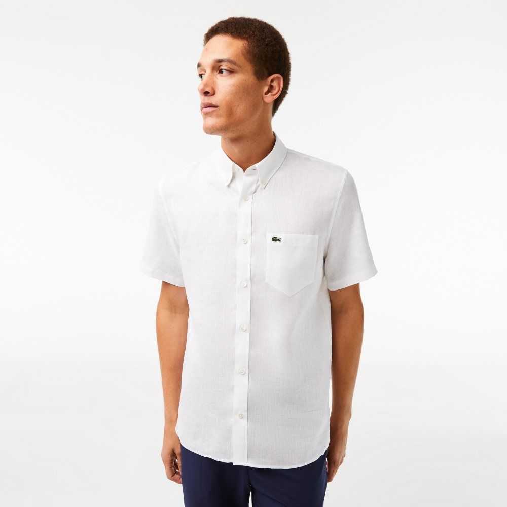 Lacoste Short Sleeve Linen Shirt White | BXI-052631