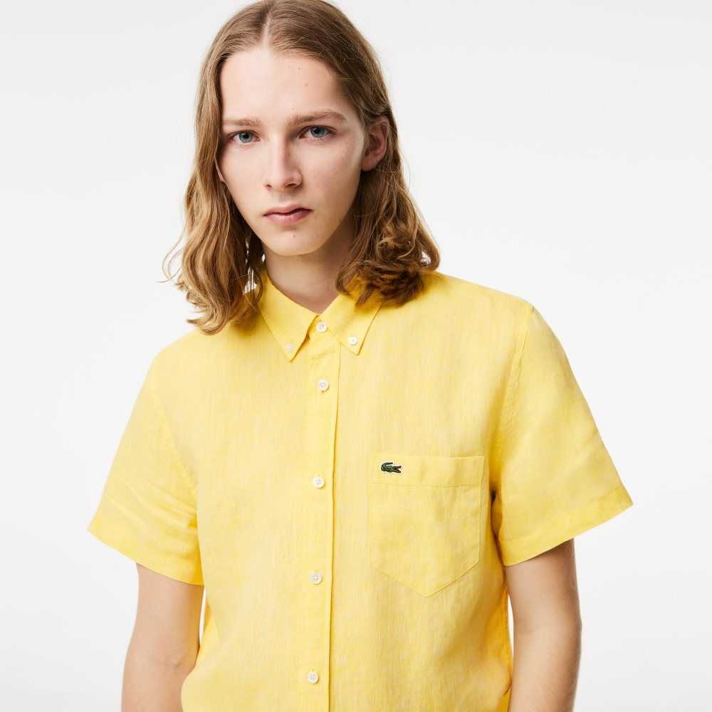 Lacoste Short Sleeve Linen Shirt Yellow | OEN-571603