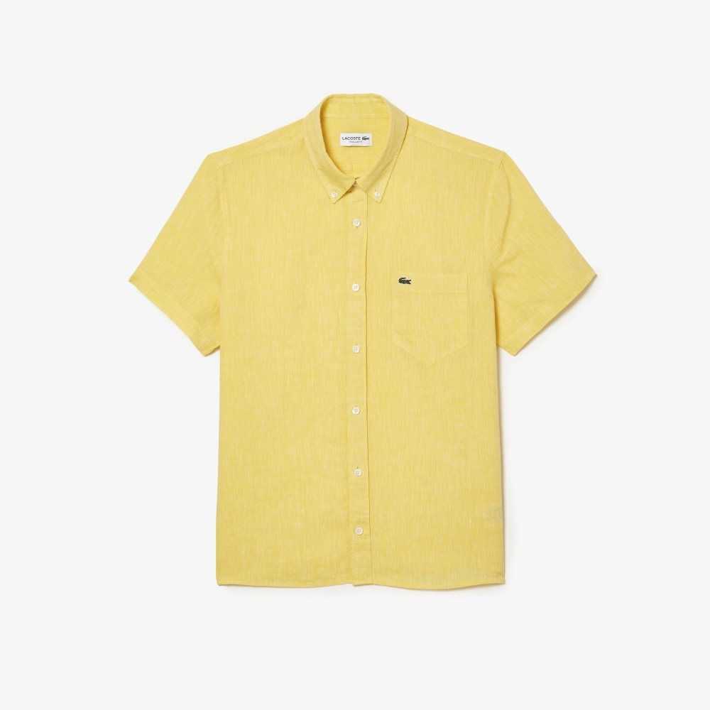 Lacoste Short Sleeve Linen Shirt Yellow | OEN-571603