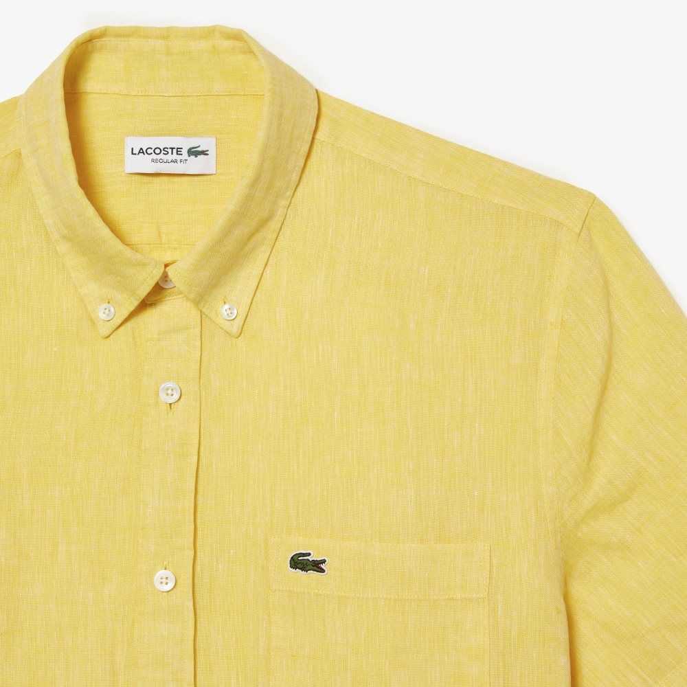 Lacoste Short Sleeve Linen Shirt Yellow | OEN-571603