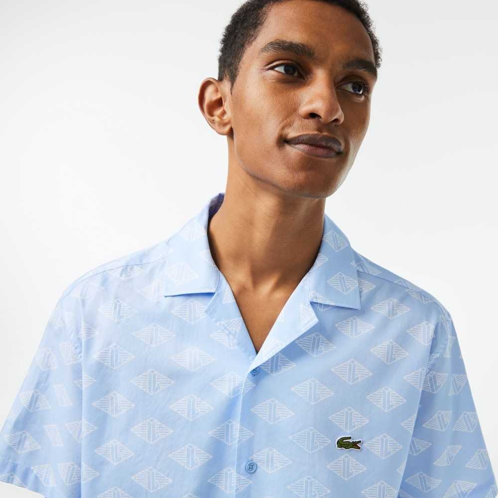 Lacoste Short Sleeve Monogram Print Shirt Blue / White | EAC-428096