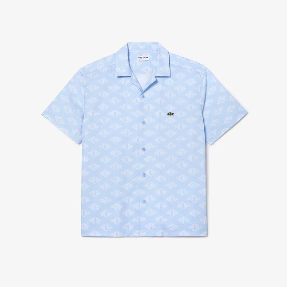 Lacoste Short Sleeve Monogram Print Shirt Blue / White | EAC-428096