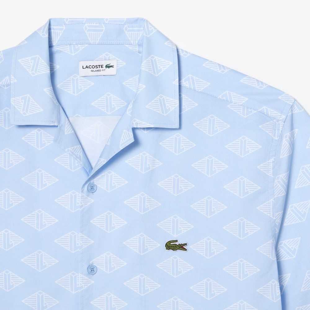 Lacoste Short Sleeve Monogram Print Shirt Blue / White | EAC-428096