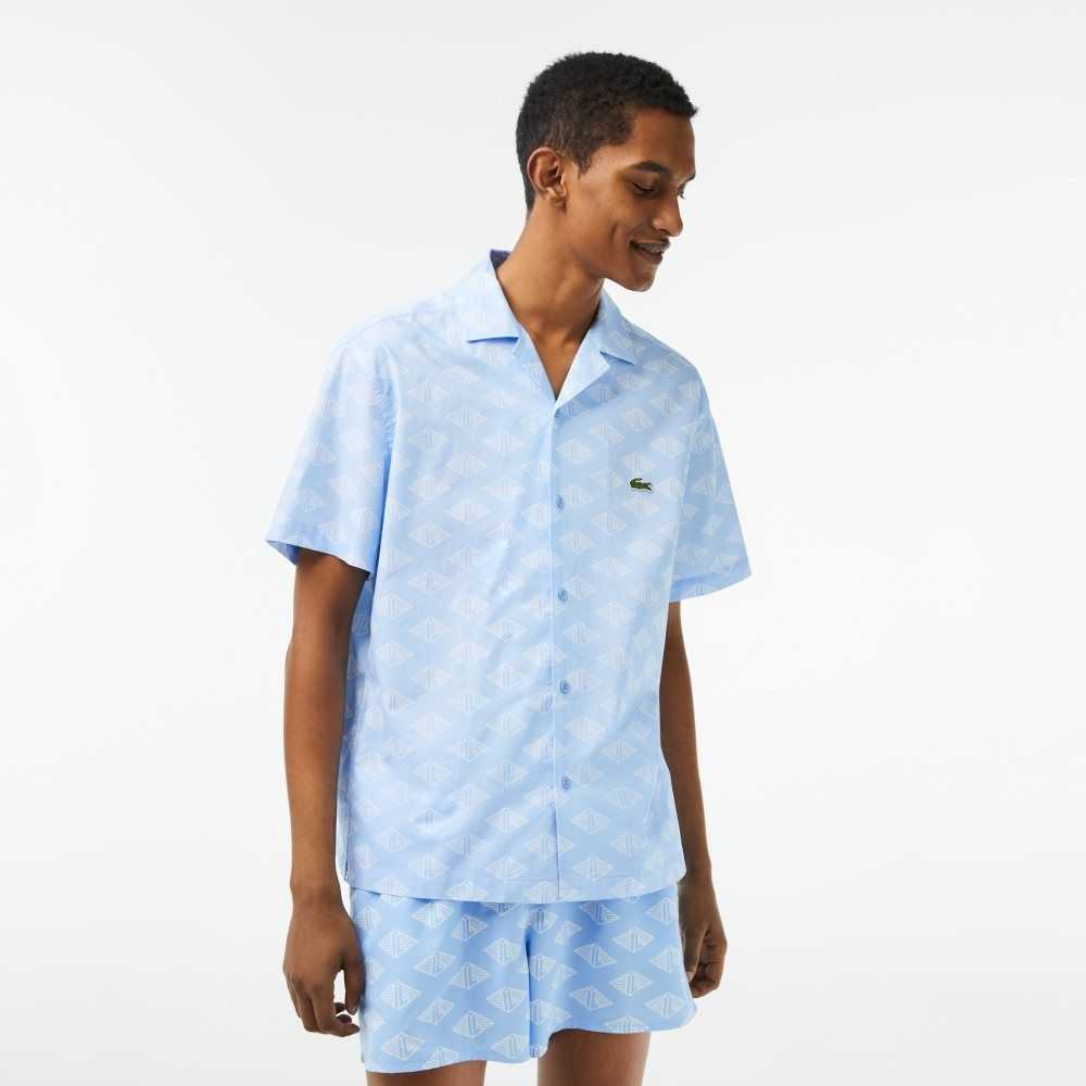 Lacoste Short Sleeve Monogram Print Shirt Blue / White | EAC-428096