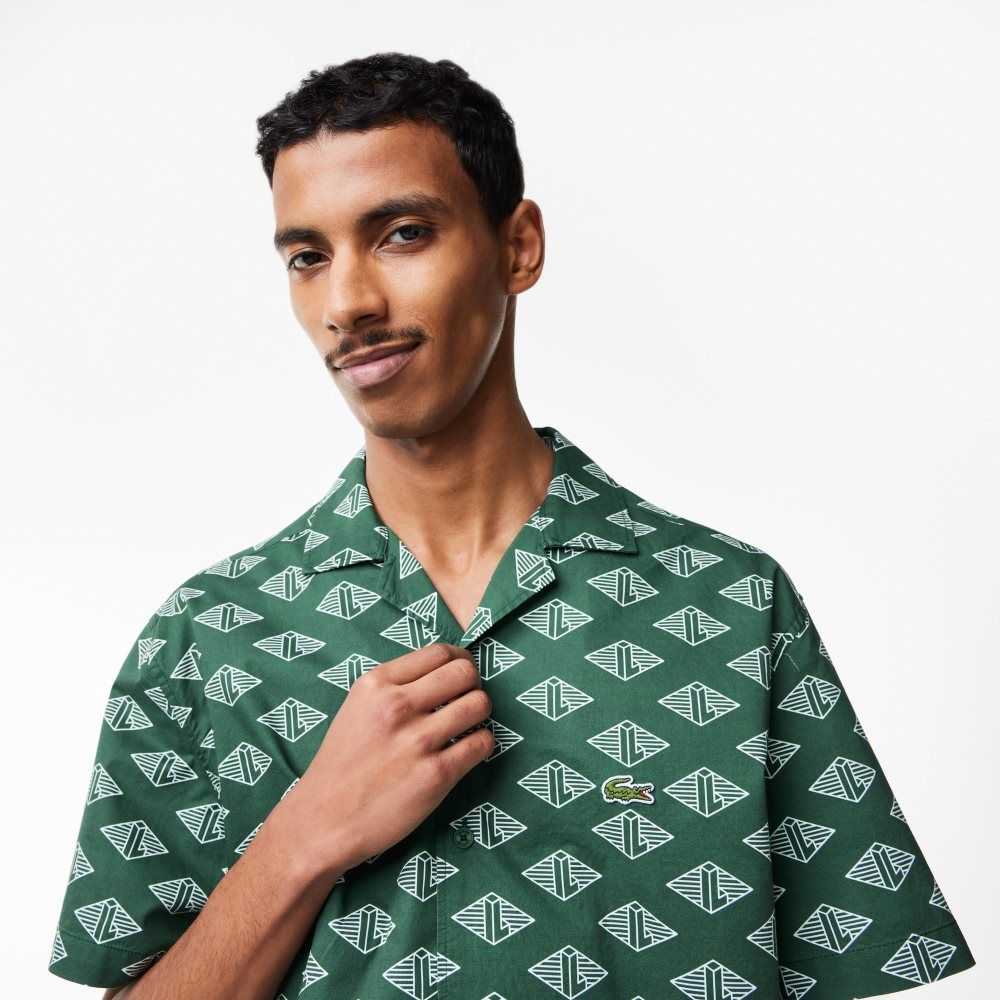 Lacoste Short Sleeve Monogram Print Shirt Green / White | GBI-108647